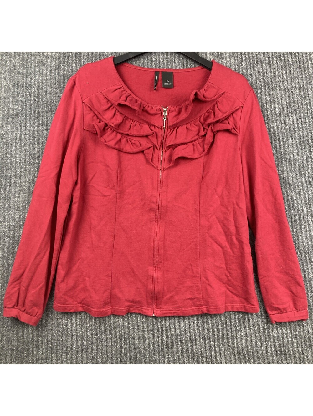 New Directions Womens Size XL Red Full Zip Ruffled Long Sleeve Light Jacket EUC